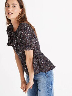 NWT Madewell Star Studio Ruffle-Hem Top in Dark Mediterranean Starry Night XS
